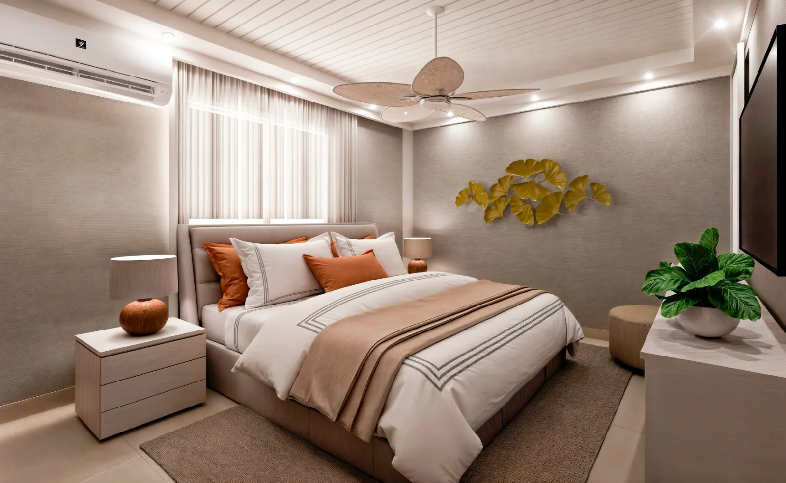 Render de dormitorio con textiles claros y detalles en tonos terracota