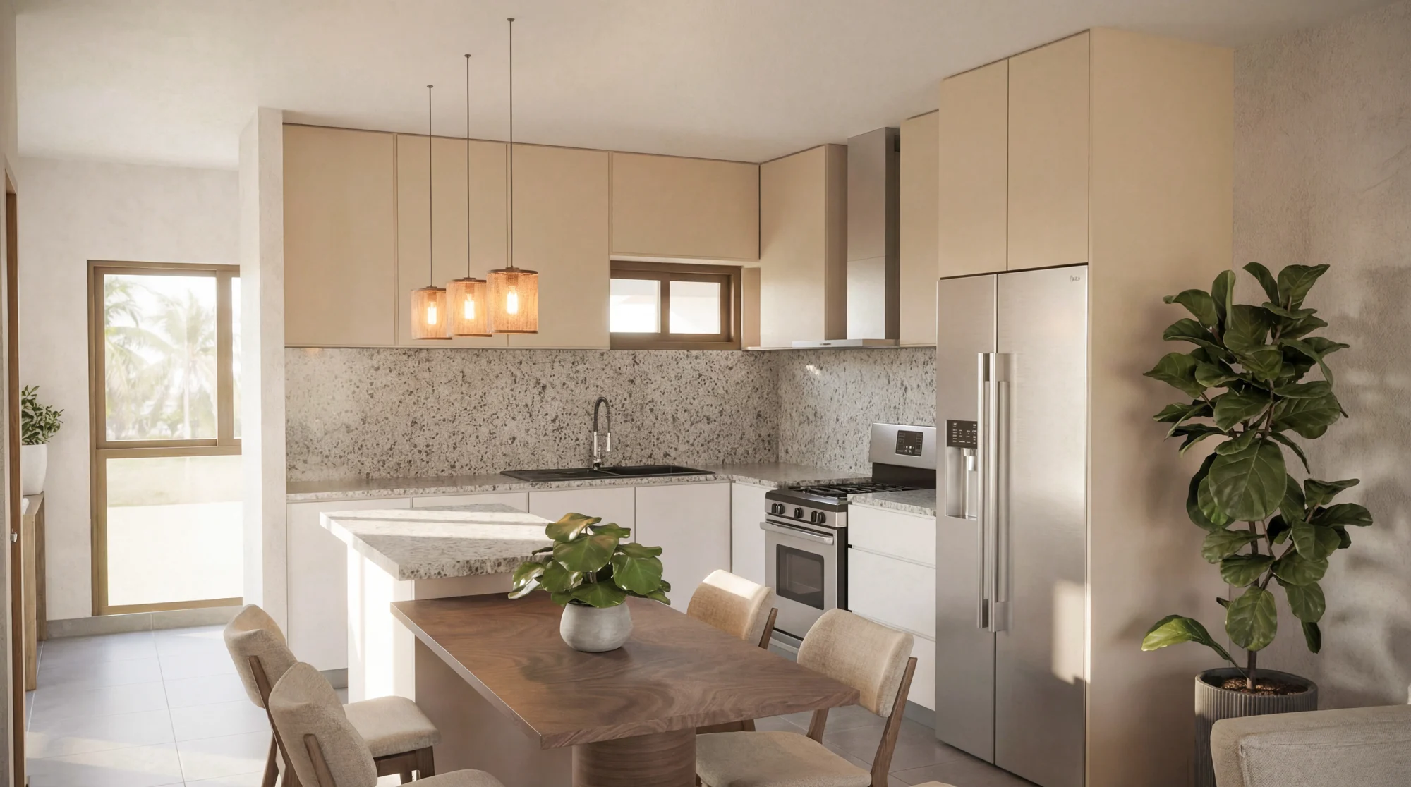 Render de cocina abierta con isla y comedor en tonos naturales
