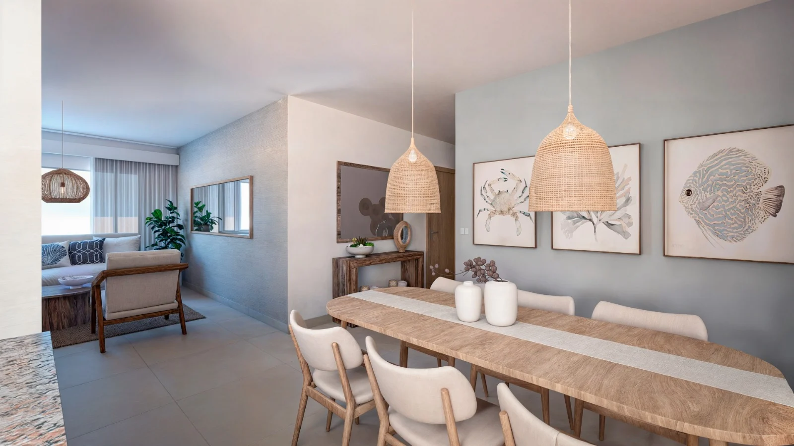 Render de comedor con lámparas de fibras naturales y cocina abierta