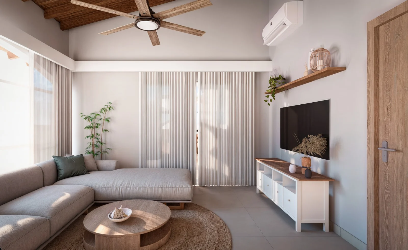 Render de sala con sofá, mesa de centro y techo con detalles de madera